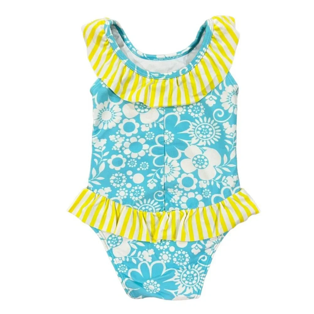 Hanna Andersson Sz 60 (3-6m) Blue & Yellow Ruffle Swim Bathing Suit